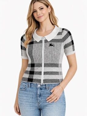 Vintage Burberry Black and White Checkered Short Sleeve Zip Cardigan. 90sPreppy
